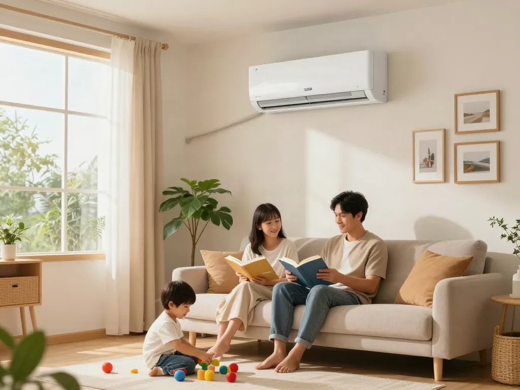 Family enjoying a comfortable living room with a ductless air conditioner providing cool air.