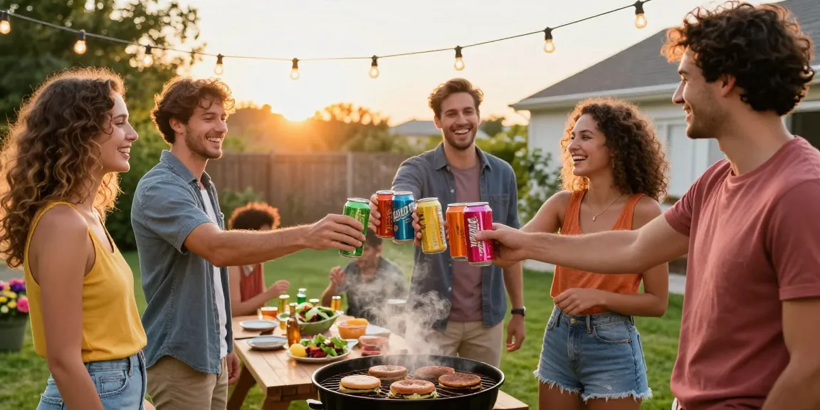 Friends toasting with hard soda cans at a summer barbecue gathering.