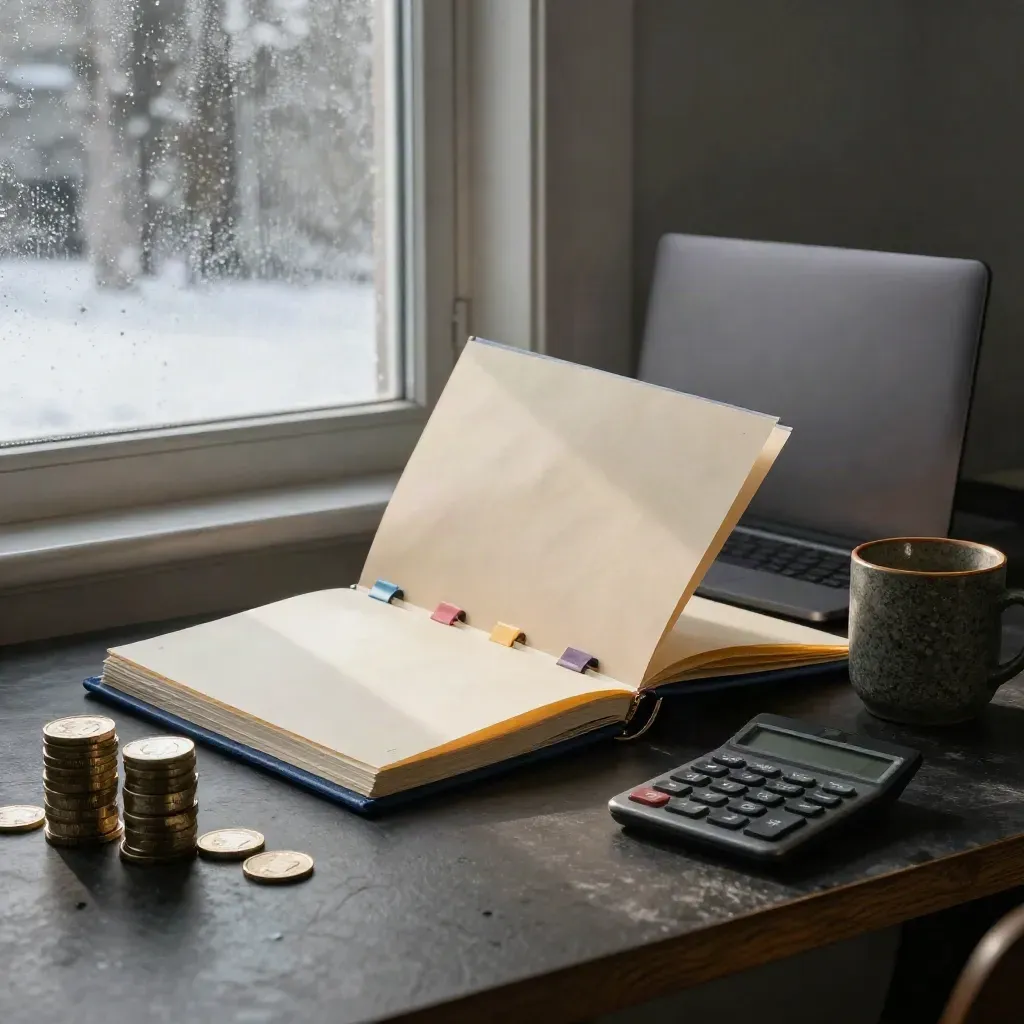 Open investing binder with calculator, laptop, coin rolls and mug in moody window light.