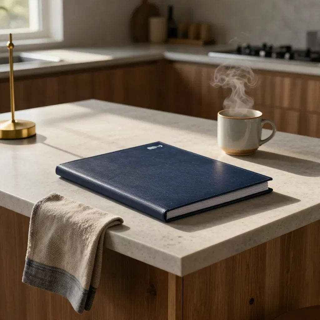 RRSP folder, tea towel, mug and lamp on a kitchen island at dawn