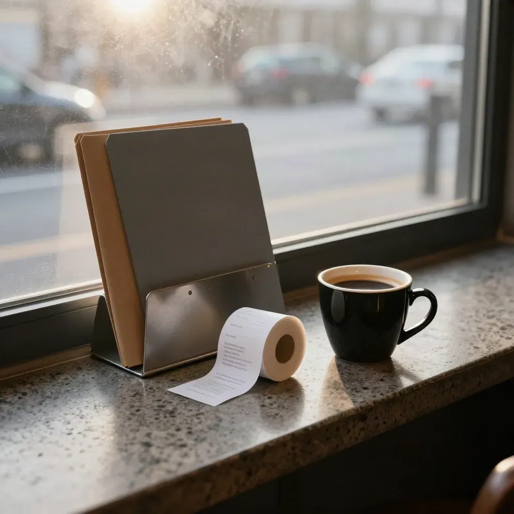 Two account folders, a coffee cup, and a receipt roll on a fogged roadside café counter.