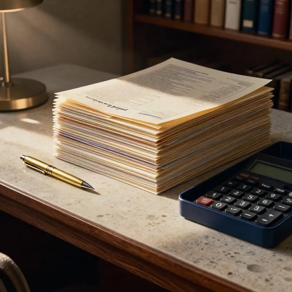 Low-angle tax investing desk with folders, calculator, and brass pen in moody light.