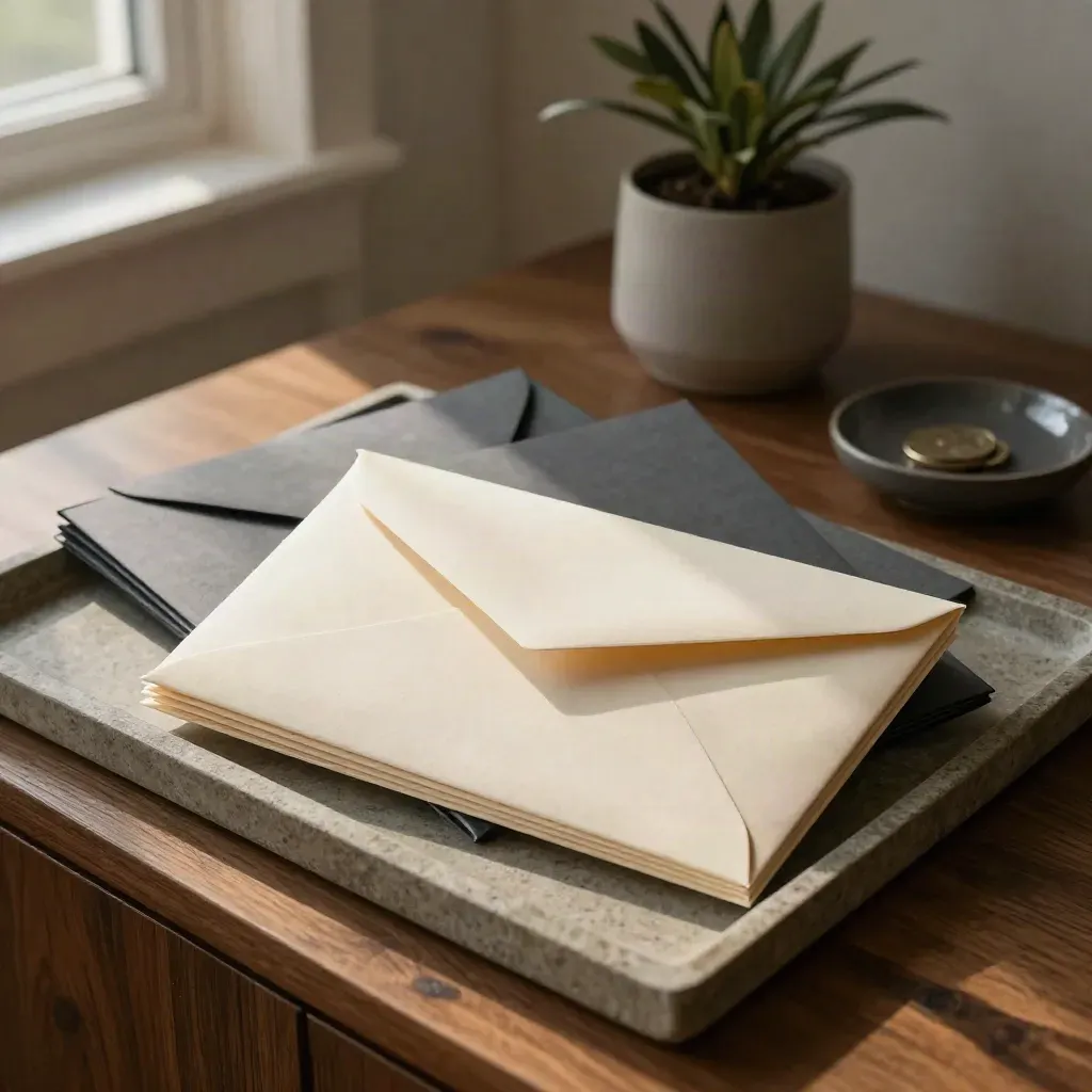 Stone tray with contribution envelopes and a small plant in soft morning light.
