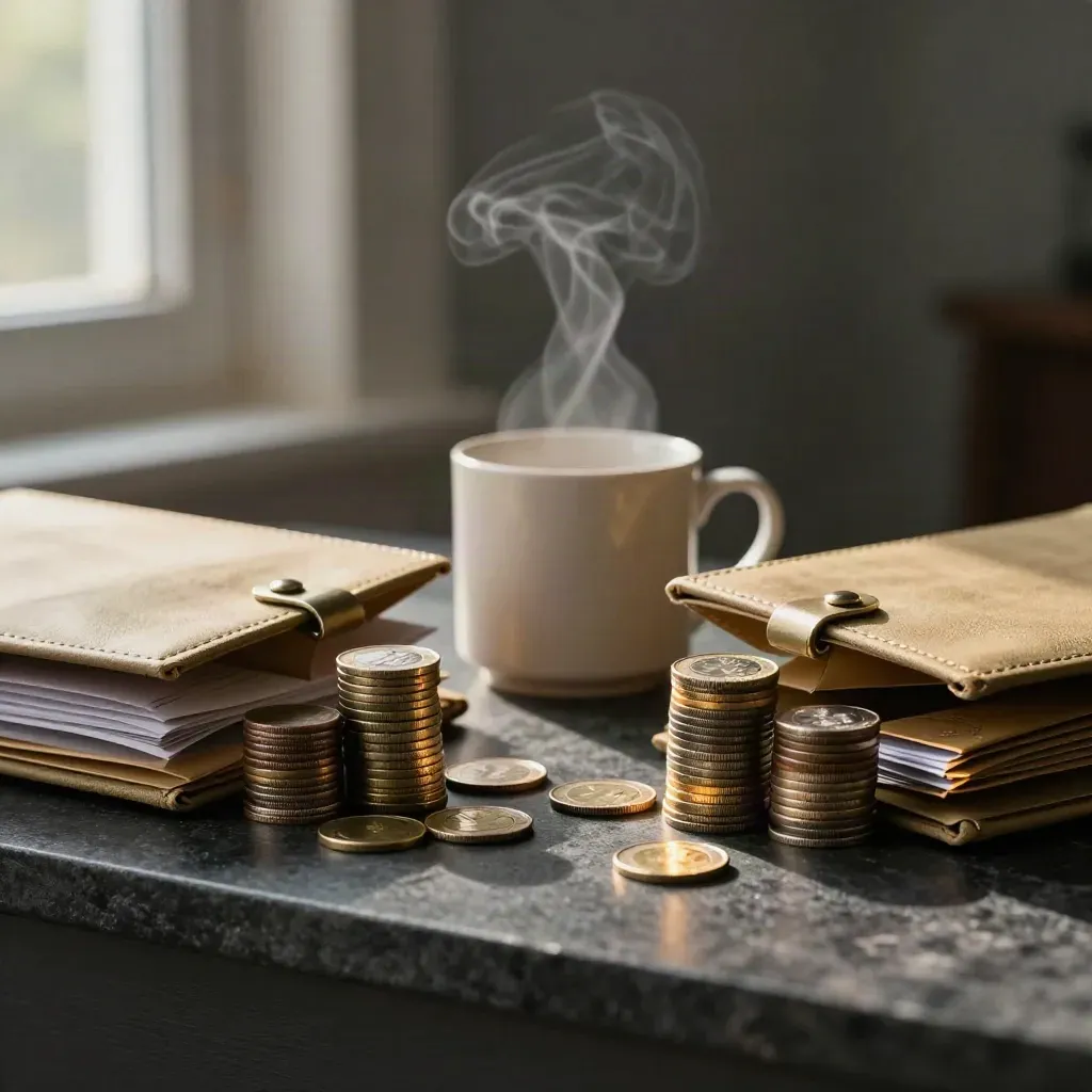 Twin coin stacks, closed folders, and a steaming mug on a dark ledge, lit from behind.