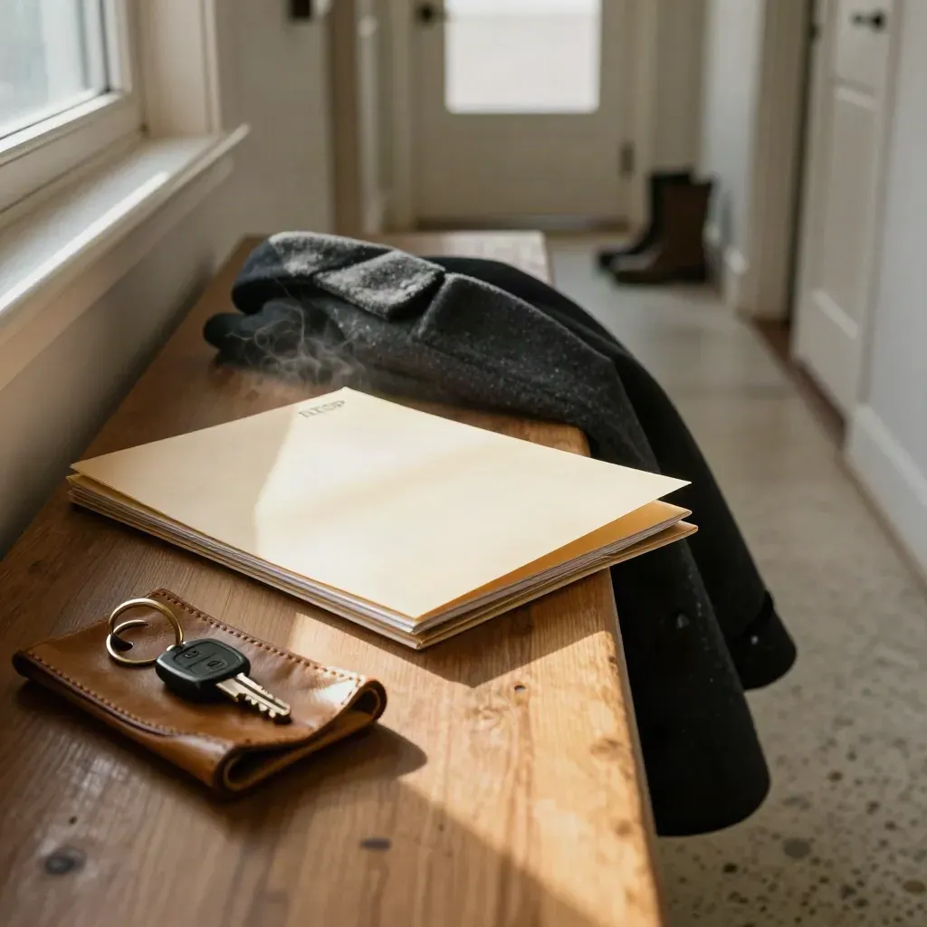 Hallway bench with a face-down RRSP folder, wool coat and leather key tray in warm winter light.