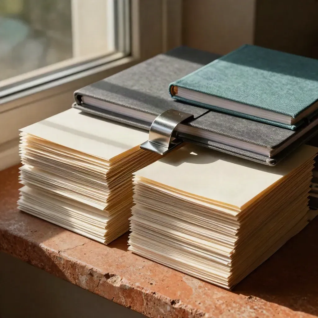 Evened-up portfolio piles with a paperweight and closed notebook on a warm stone ledge.