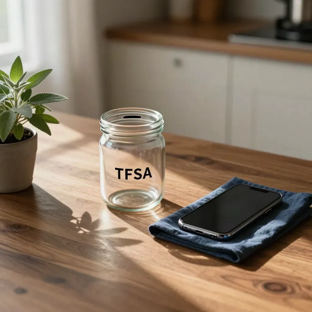 Sunlit TFSA jar, angled phone, and small plant on a warm walnut table.