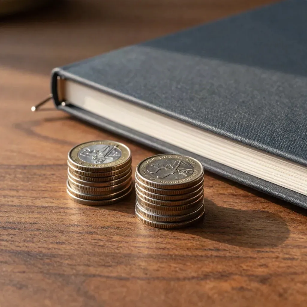 Two unequal coin stacks beside a closed binder and metal clip on a moody investment desk.