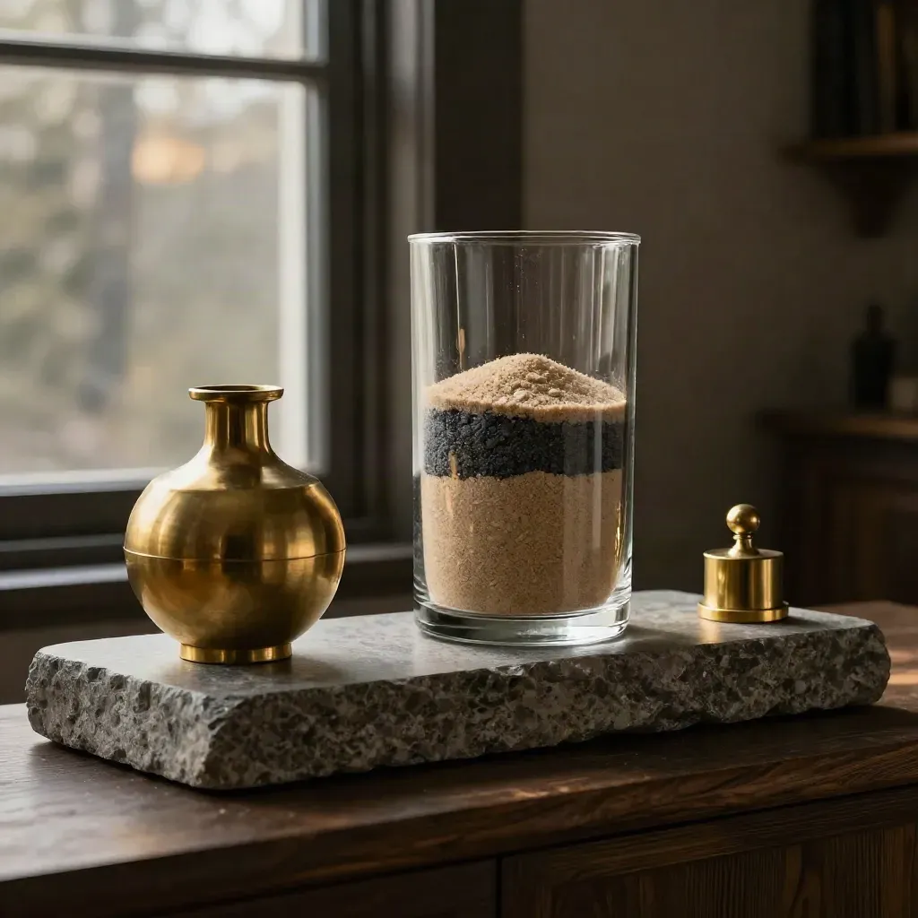 Stone, brass and glass containers on a ledge, lit by moody gold window light.