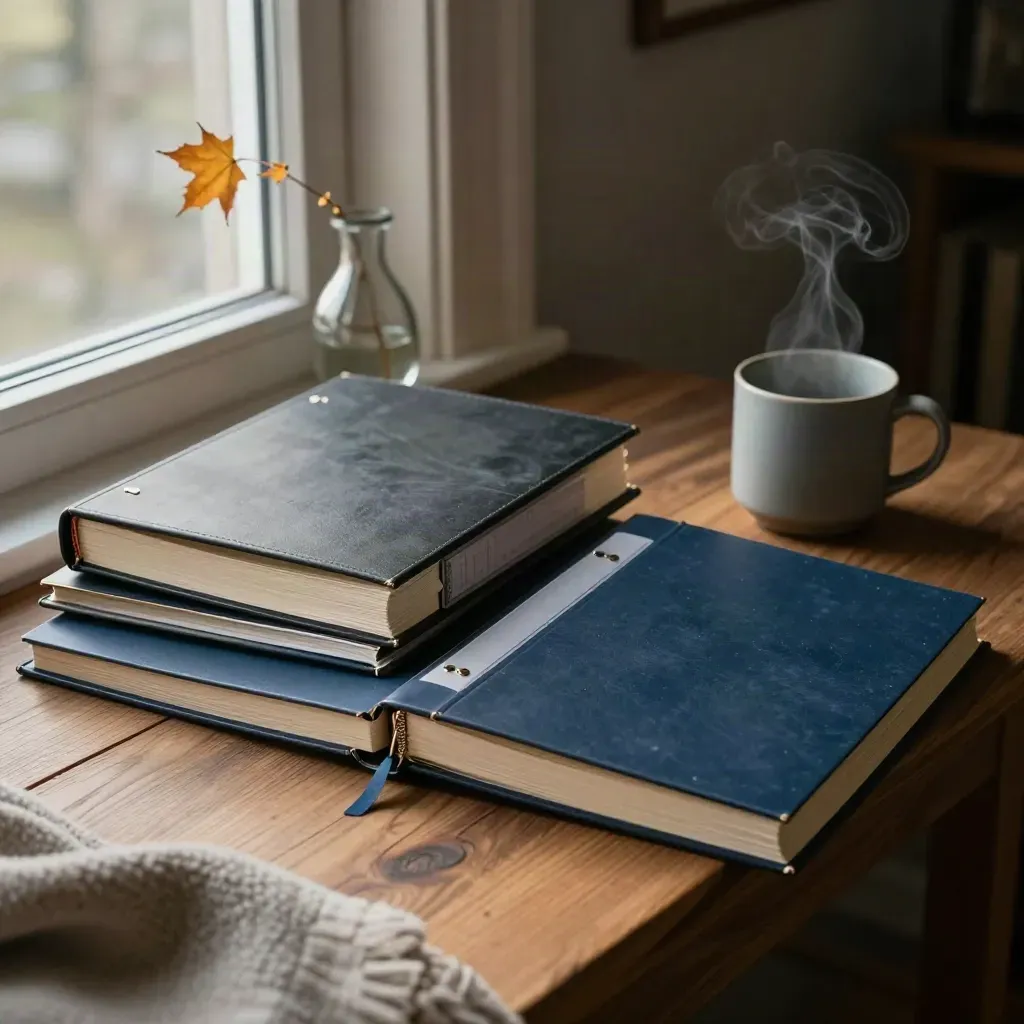 Three fund binders beside a steaming mug and maple twig in a cozy window nook.