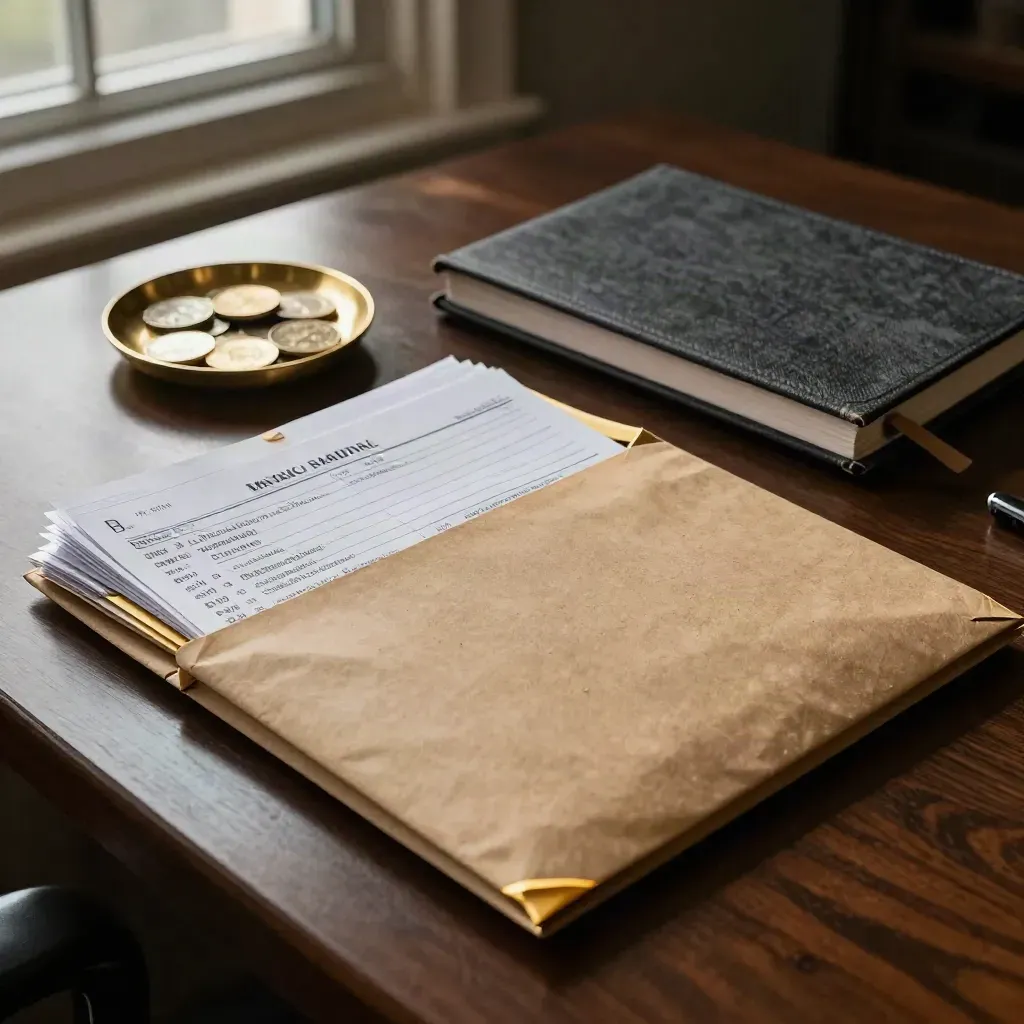 Manila envelope, closed notebook, and coin dish on a dark walnut desk at dusk.