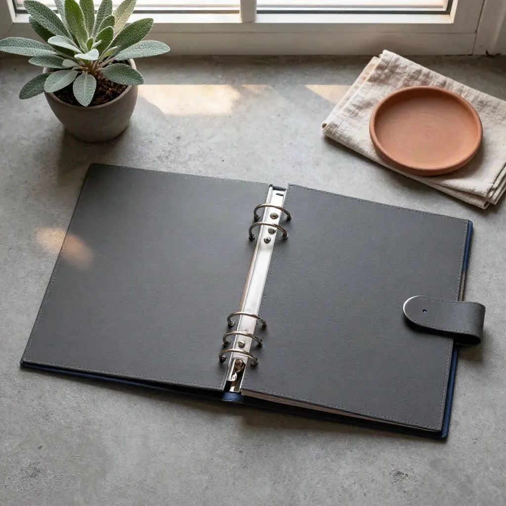 Overhead flatlay of an open ETF binder with plant, cloth and ceramic dish on concrete