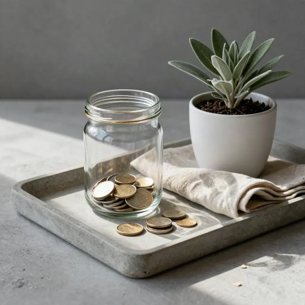 Glass savings jar with coins, folded linen, and white planter on a stone tray in soft daylight.