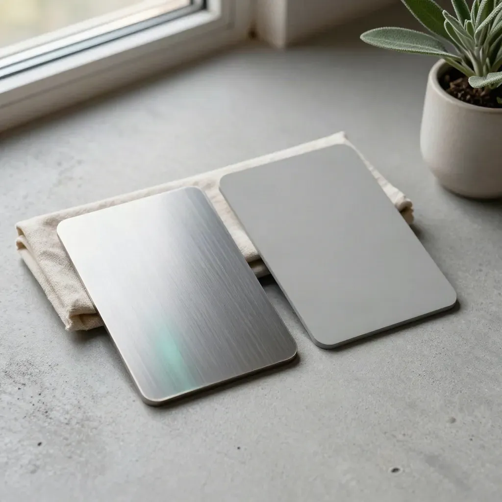 Two minimalist brokerage cards with cloth and small plant on cool concrete